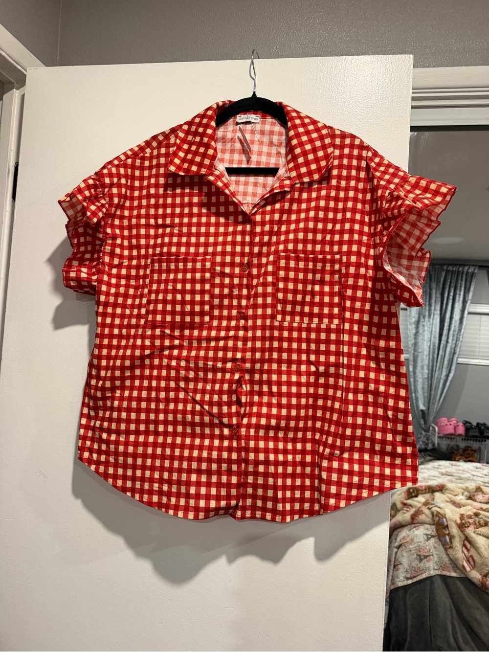 Red Gingham Short-Sleeve Button-Up Shirt